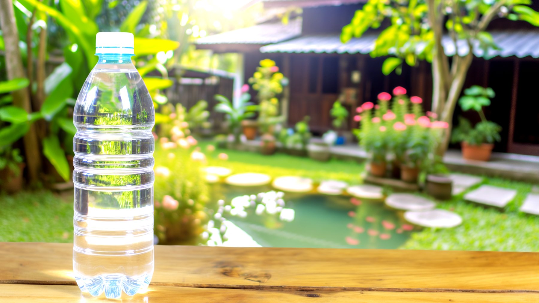 Piante bottiglia d'acqua minerale giardino rigoglioso"